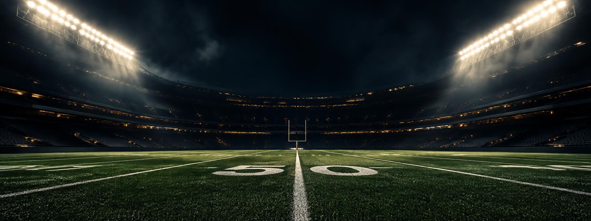 Floodlit football stadium at night